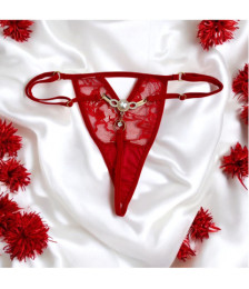 String rouge avec bijou perle & strass dorés - PA06MRED